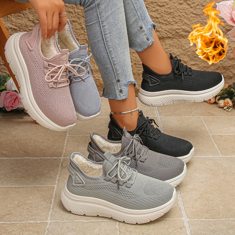 Knit Fabric Lace Up Sneakers - 2027年レディース向け、通気性の良いニット素材を使用した軽量で快適な、滑りにくく柔らかいソールを備えたアウトドアウォーキングスニーカー。