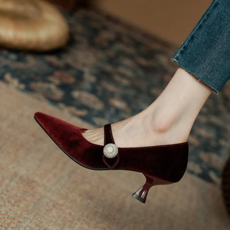 Heels - ワインレッド ポインテッドトゥ メリージェーンシューズ レディース ヴィンテージ ワンバックル
