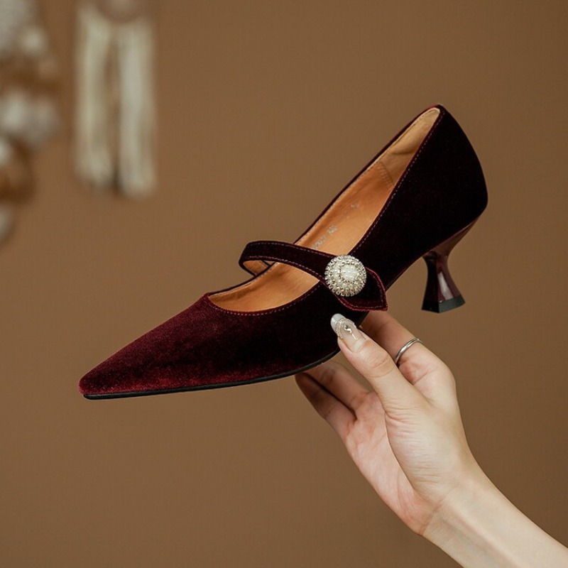 ワインレッド ポインテッドトゥ メリージェーンシューズ レデ - Heels のレビューと価格
