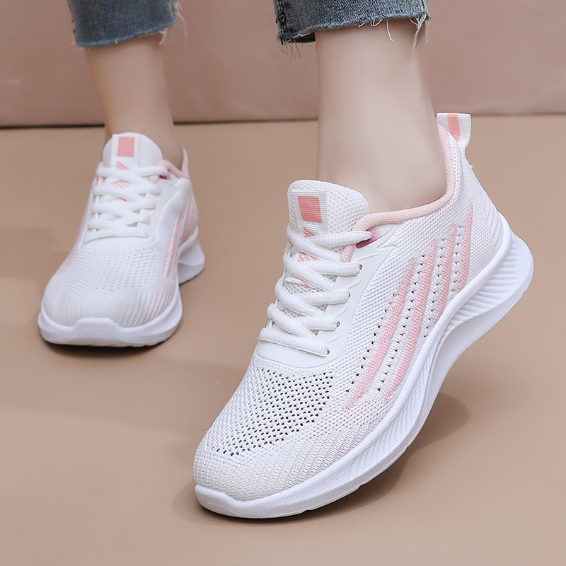 女性用、秋物、メッシュ素材のカジュアルスニーカー。通気性の良 - Knit Fabric Lace Up Sneakers のレビューと価格